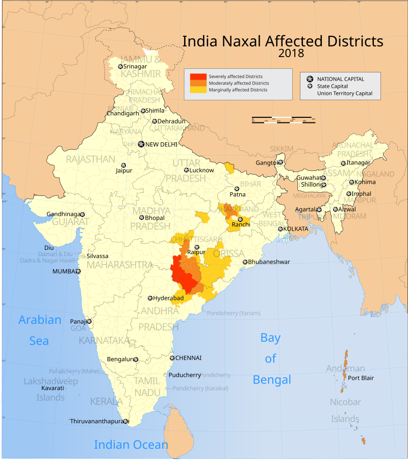 Areas with Naxalite activity in 2018